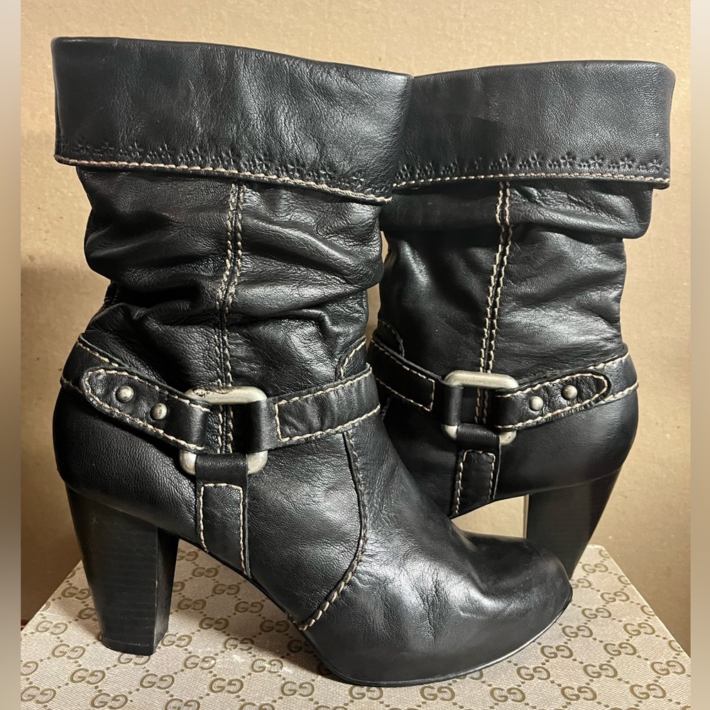 Sz 8.5 FOSSIL WOMENS LEATHER ANKLE BOOTS BLACK SILVER HARDWARE